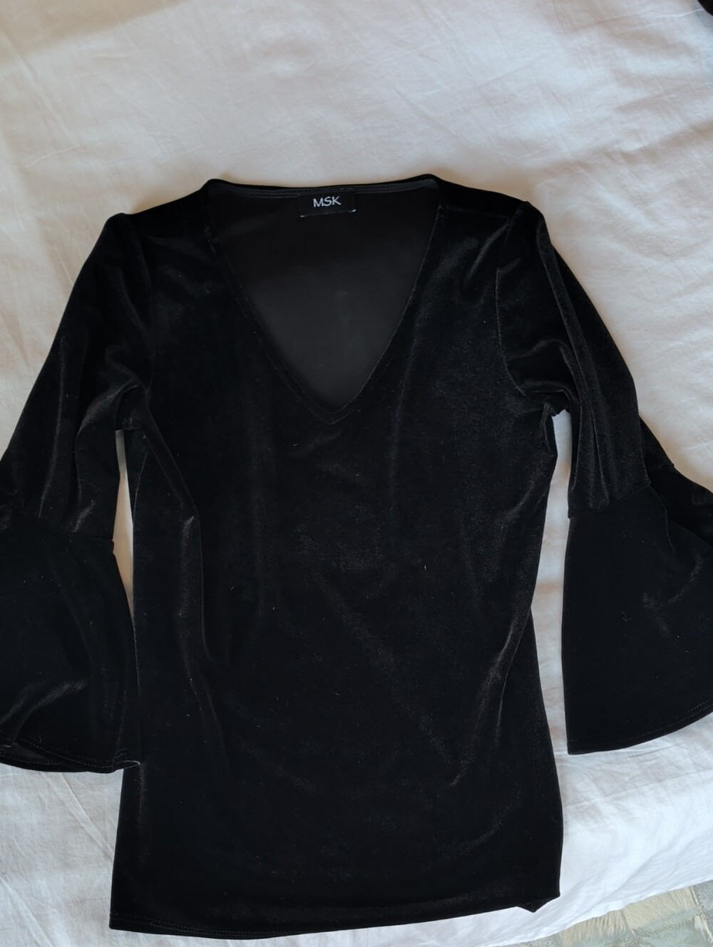 MSK Black Velvet V-Neck Long Sleeve Dress with Flared Cuffs